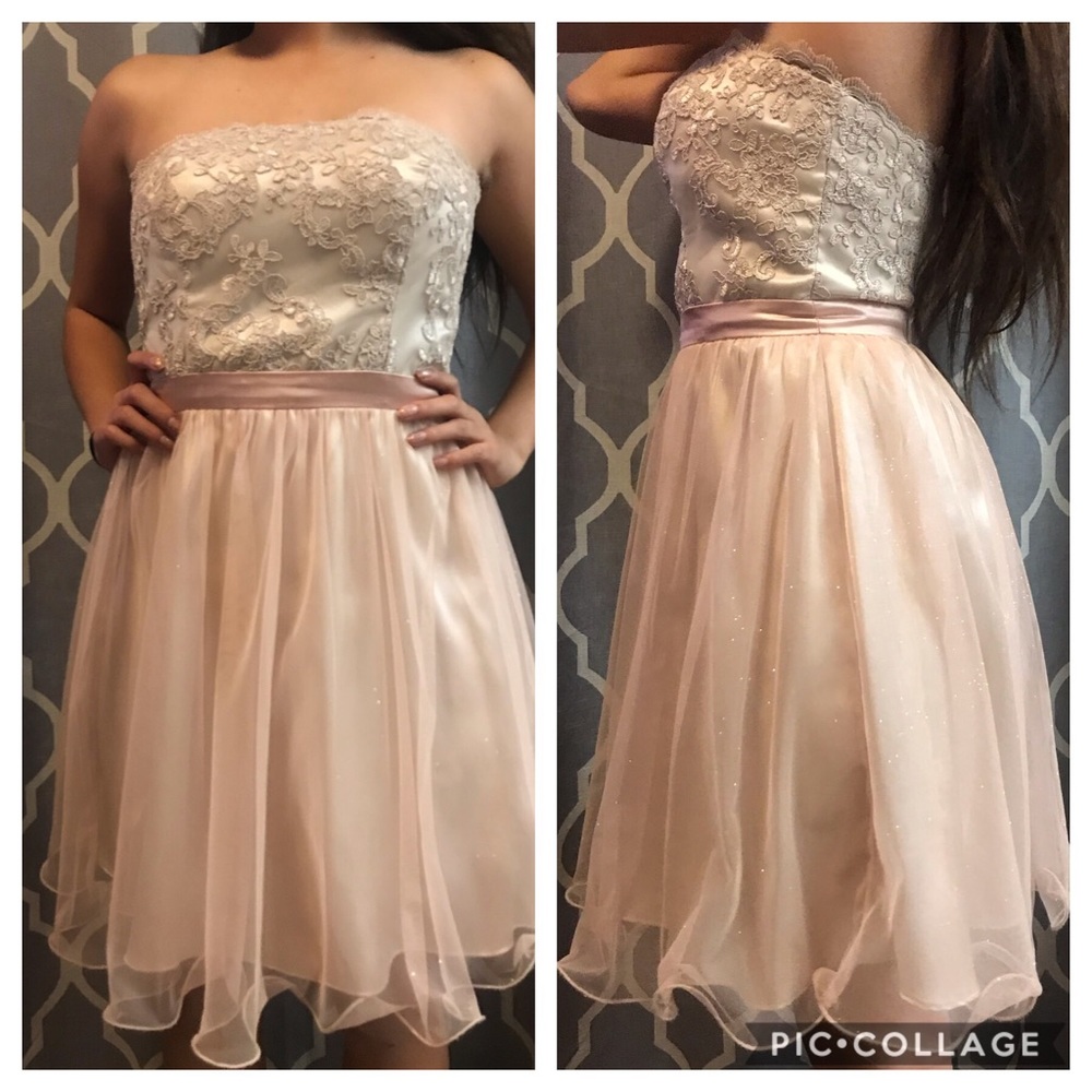 Strapless Lace and Glittery Tulle Prom Dress